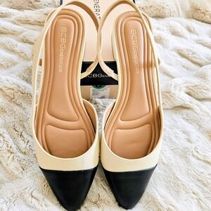 BCBGeneration Women's Cream and Black Cap Toe Slingback Size 8 Heels